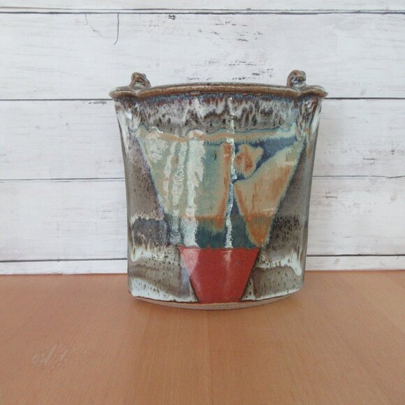 Vintage glazed art pottery envelope shaped vase -geometric pattern-Modernist-MCM - Picture 3 of 12